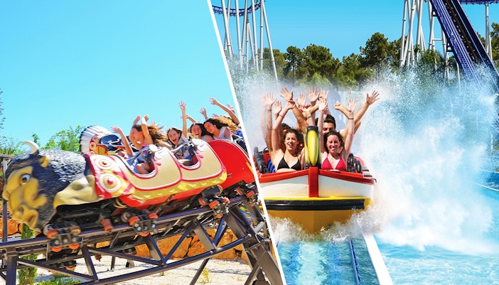 Roller coaster at Zoomarine Algarve and water ride splash at Aquashow Park.