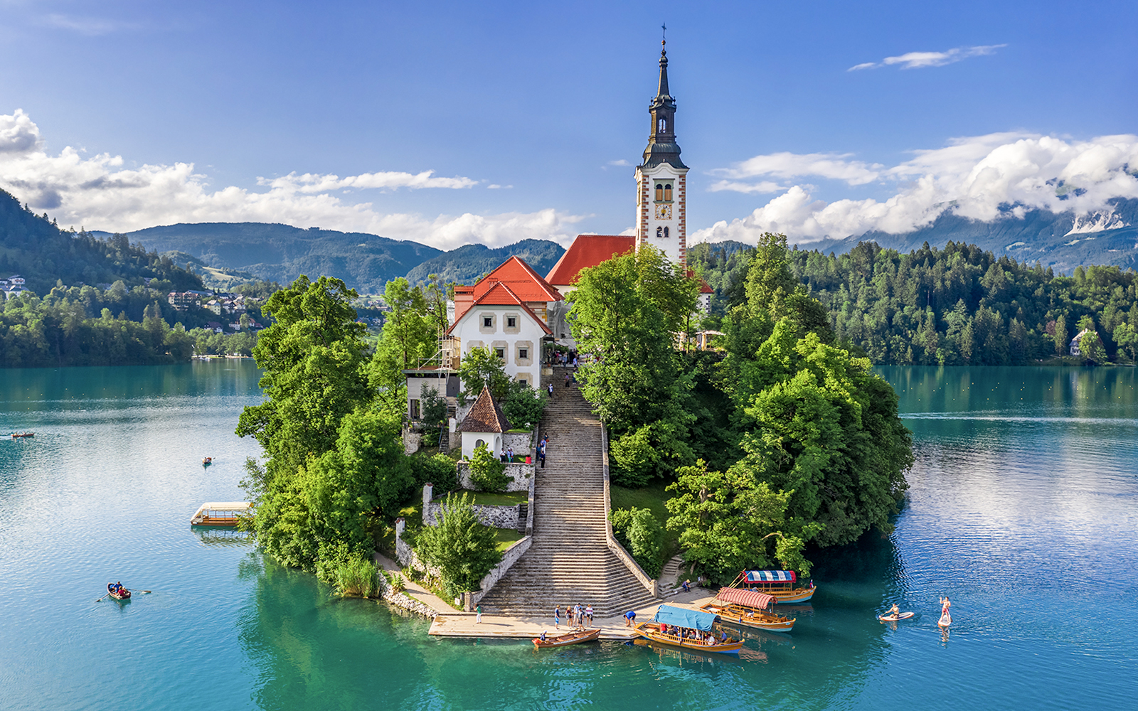 Aerial view of Pilgrimage Church of the Assumption of Maria on Lake Bled island, Slovenia.
