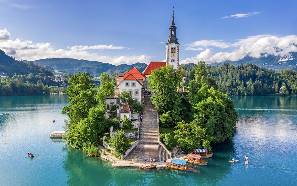 Aerial view of Pilgrimage Church of the Assumption of Maria on Lake Bled island, Slovenia.