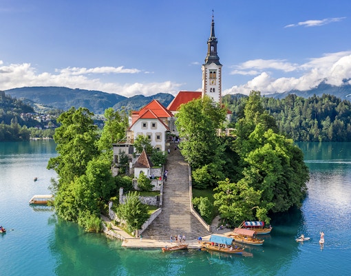 Aerial view of Pilgrimage Church of the Assumption of Maria on Lake Bled island, Slovenia.