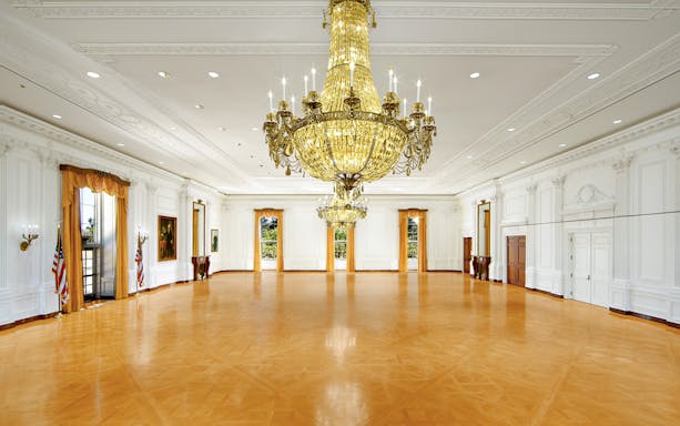 Grand ballroom with chandeliers at Richard Nixon Presidential Library and Museum.