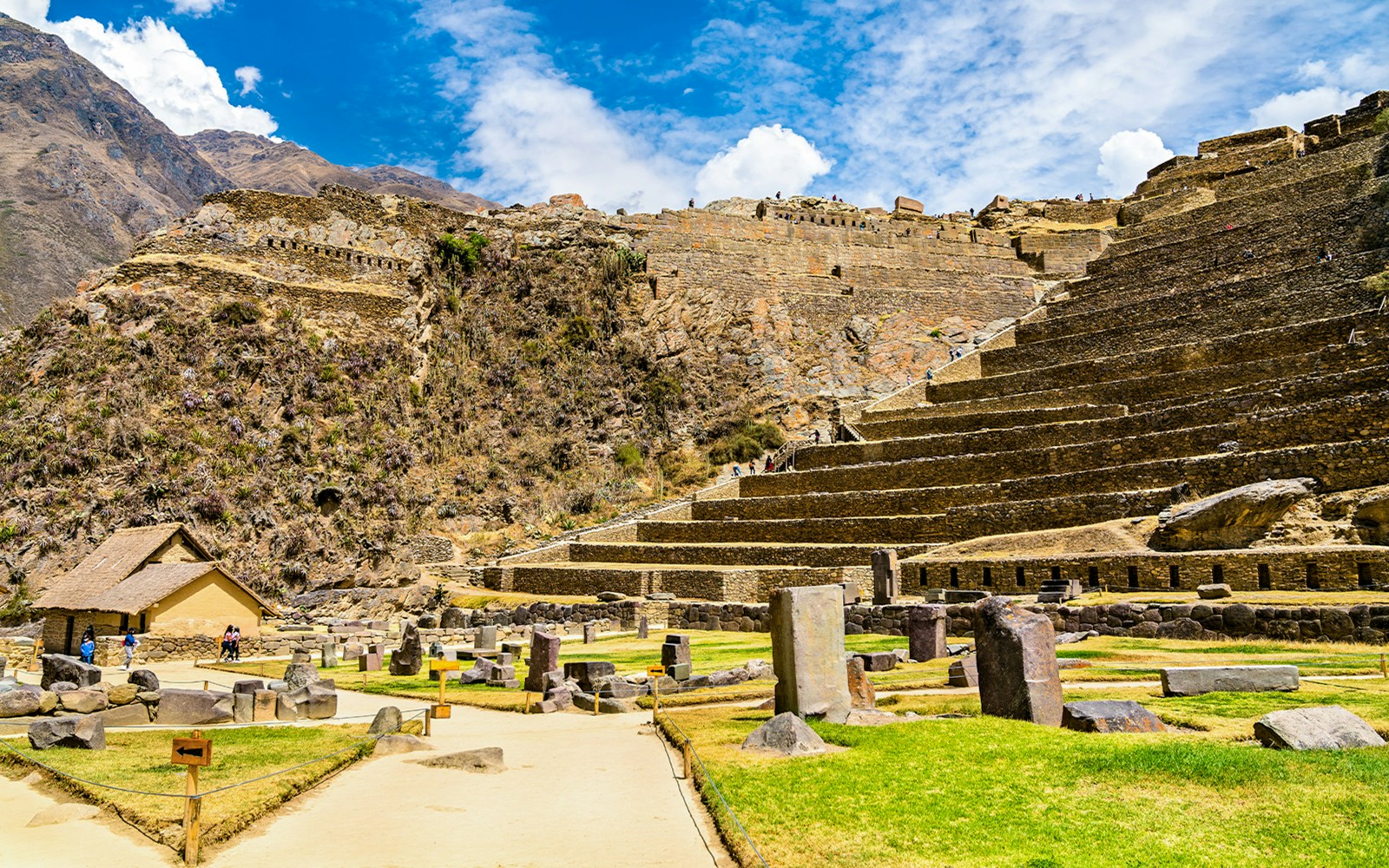 Terraced stone ruins at the Inca archaeological site in Ollantaytambo, Sacred Valley, Peru.