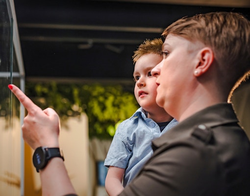 Mother and son observing exhibit inside museum.
