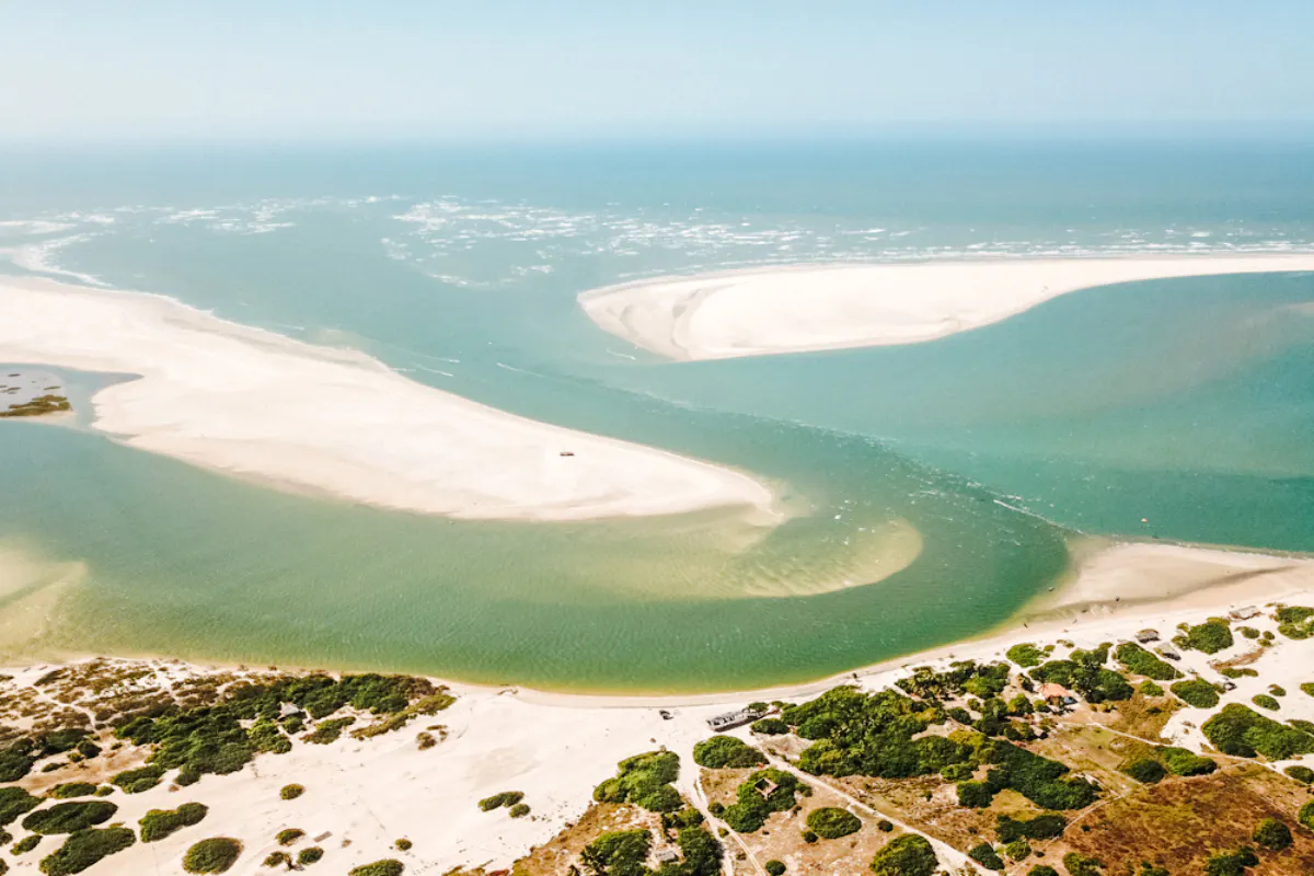 Aerial view of Atins sand dunes and lagoons, part of the 4x4 tour from Sao Paulo.