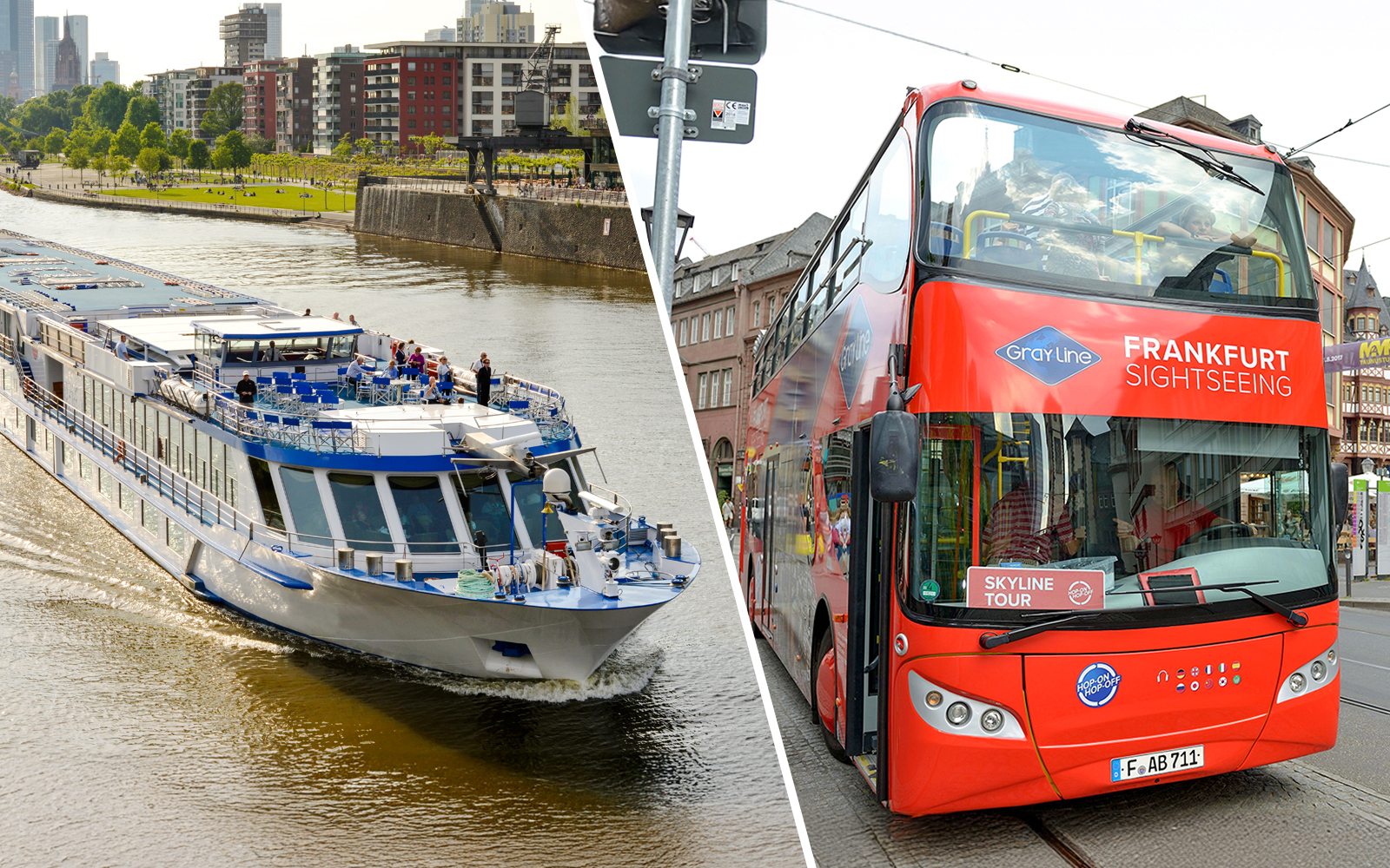 Cruise ship on the Main River and sightseeing bus in Frankfurt Am Main.