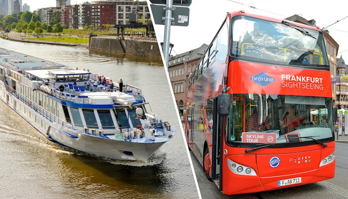 Cruise ship on the Main River and sightseeing bus in Frankfurt Am Main.