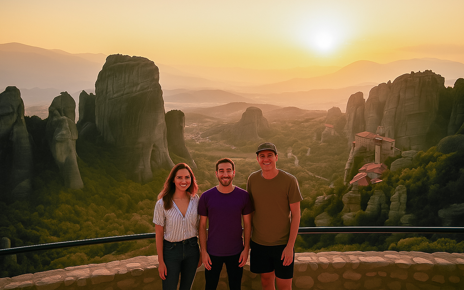 Meteora rock formations and monasteries at sunset with three people in the foreground.