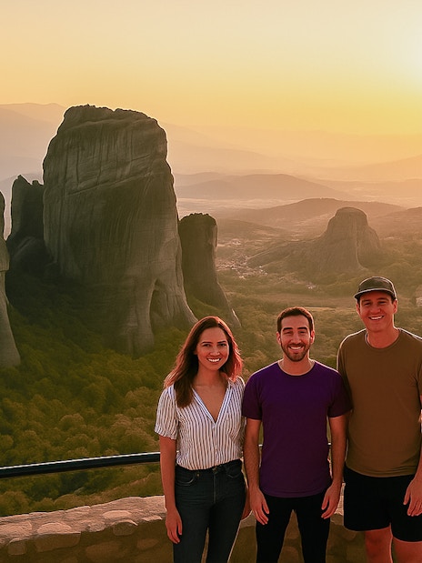 Meteora rock formations and monasteries at sunset with three people in the foreground.