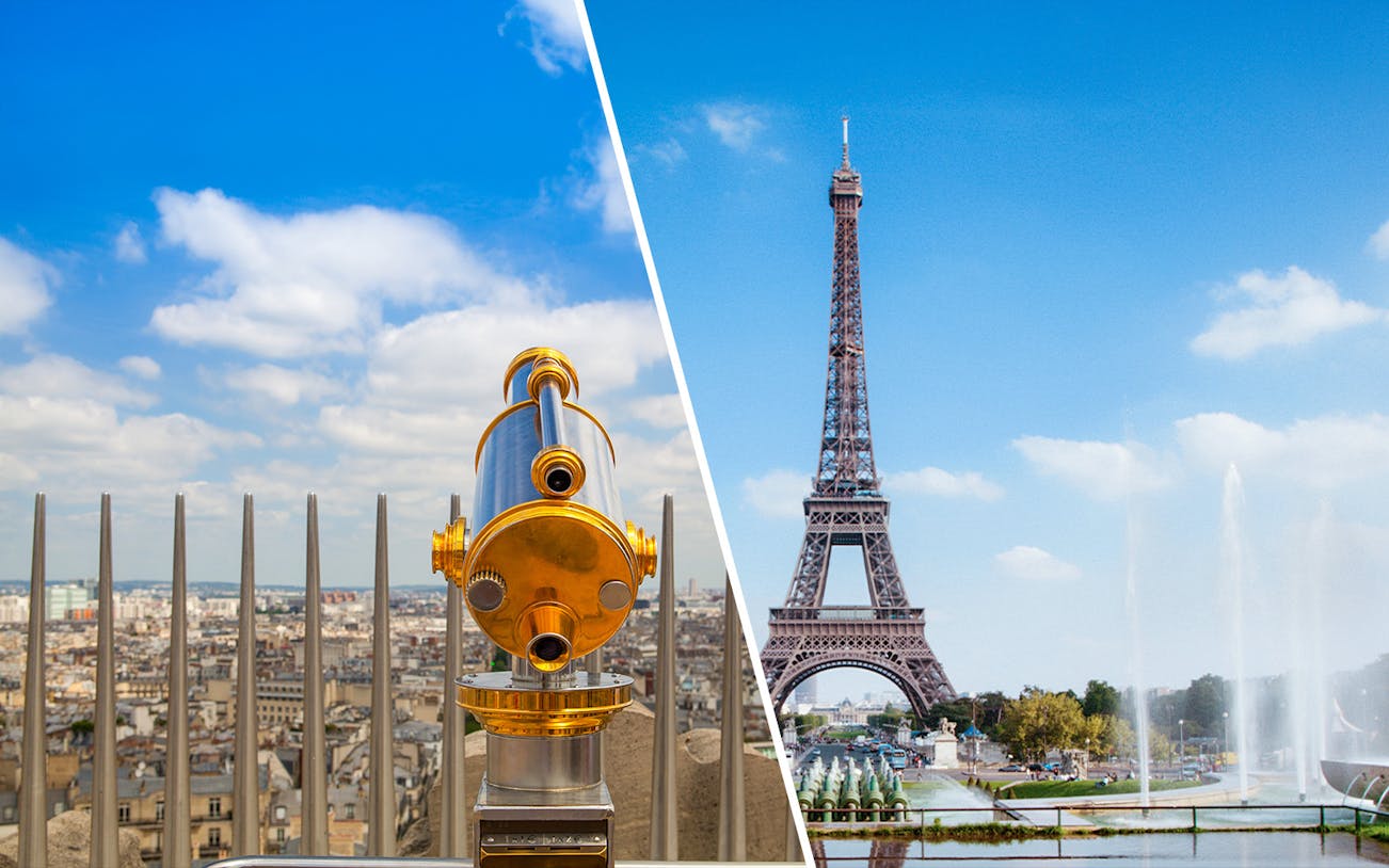 View from Arc de Triomphe rooftop with telescope and Eiffel Tower in Paris.