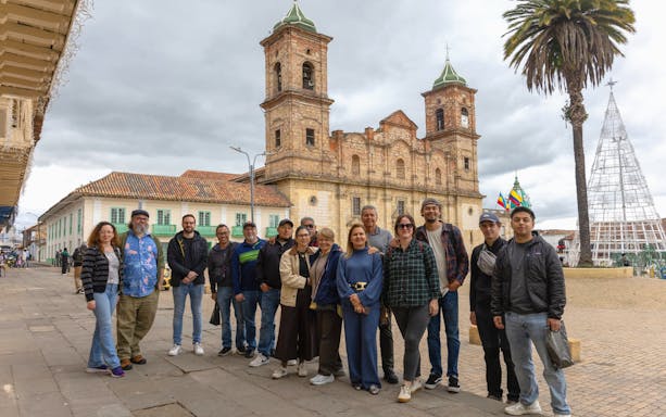 Tourists standing outside the Zipaquira Salt Cathedral in Colombia.
