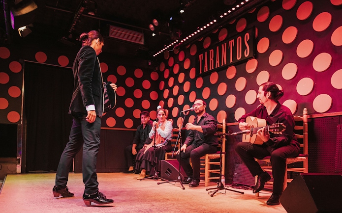 Flamenco artist performing on stage at Los Tarantos Flamenco Show with musicians.