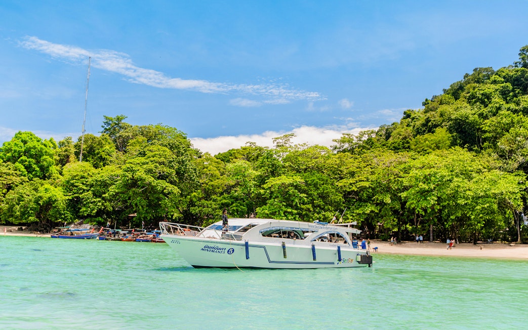 Speedboat near lush green Surin Islands shoreline, Thailand.