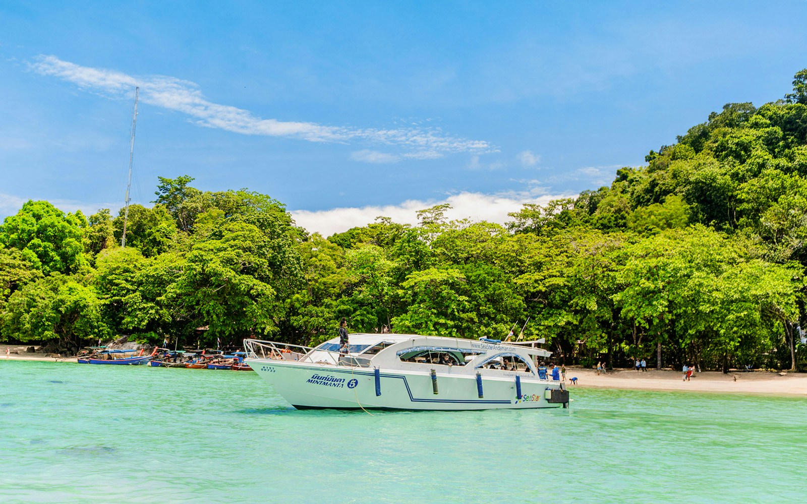 Speedboat near lush green Surin Islands shoreline, Thailand.