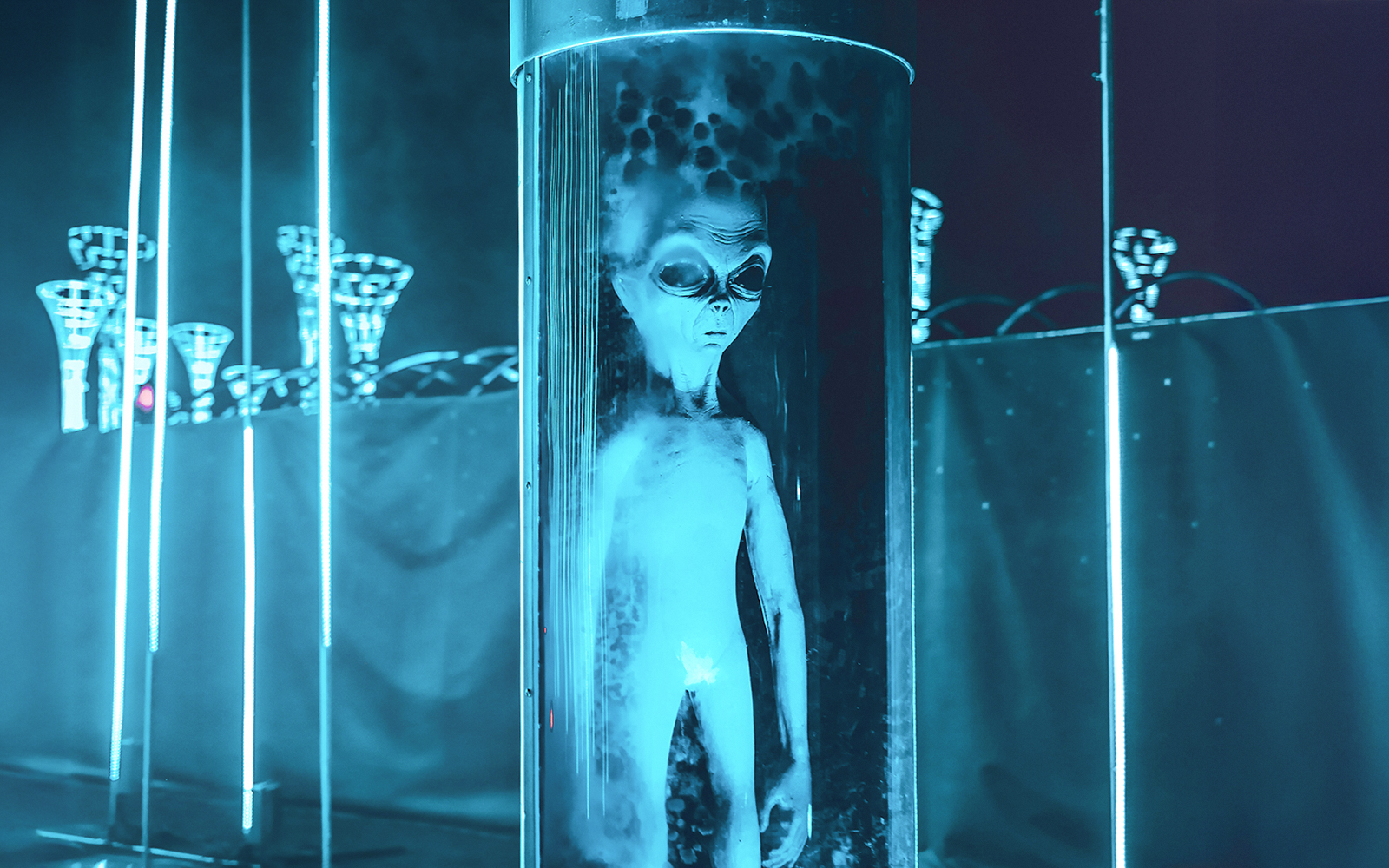 Alien standing in a glass tube, part of MIB in Universal Orlando 