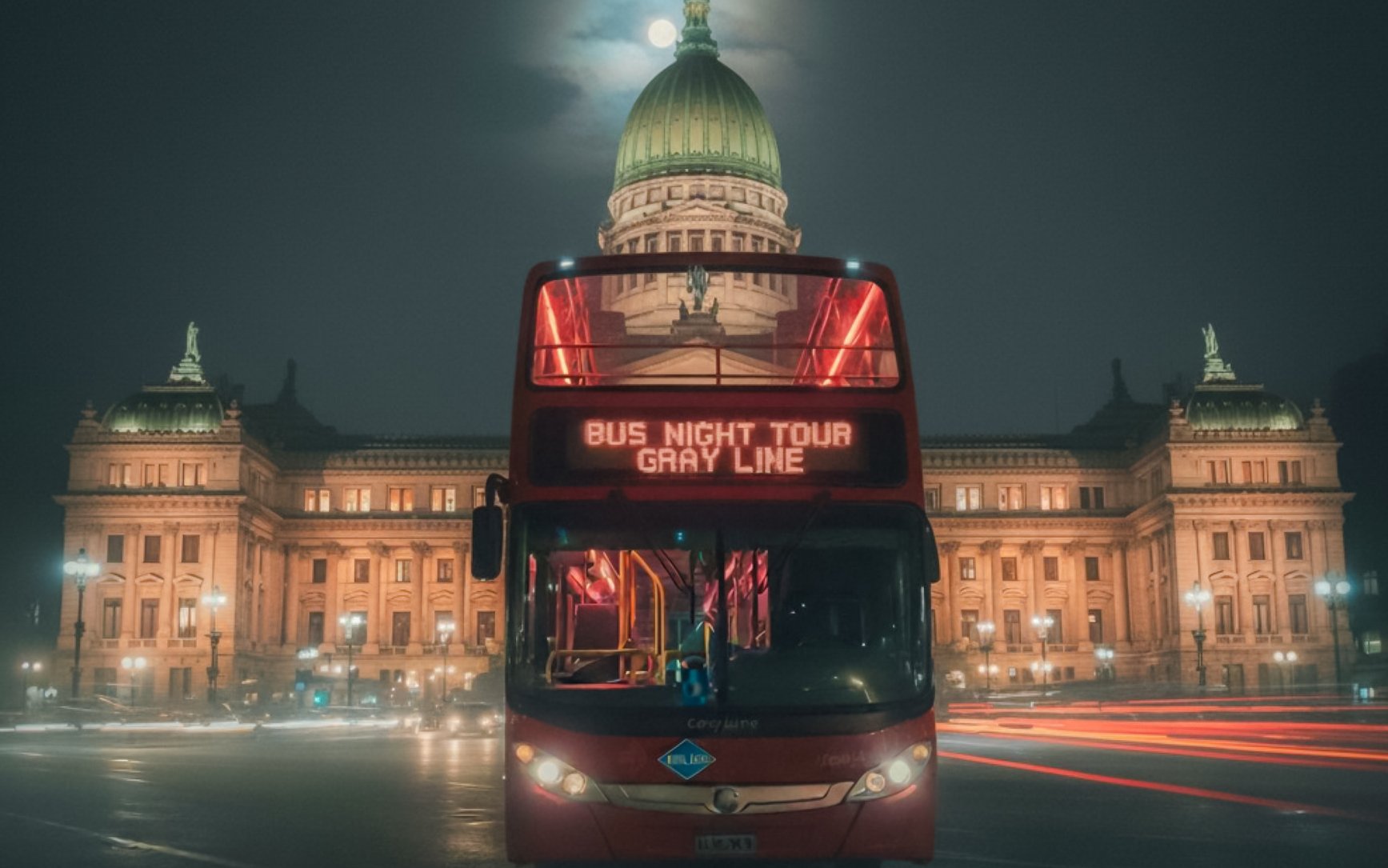 Double-decker bus in front of illuminated Buenos Aires landmark at night.