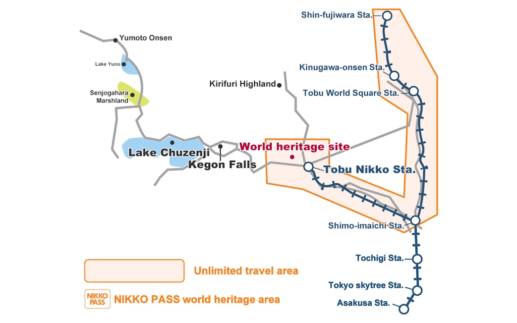 Nikko heritage pass route map showing Tobu Nikko Station, Lake Chuzenji, and Kegon Falls.