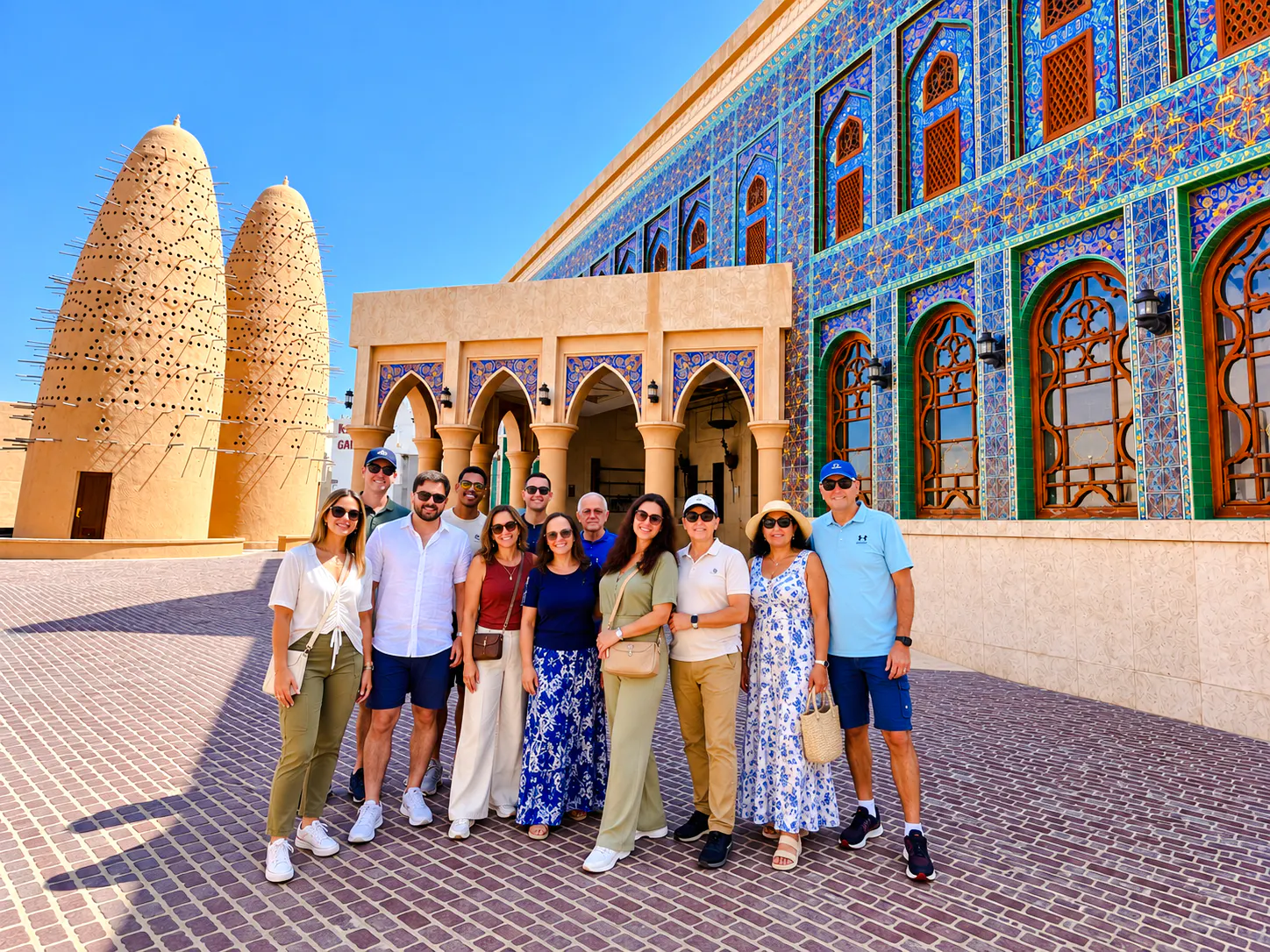 Group of tourists at Katara Cultural Village, Doha, with traditional architecture and pigeon towers.