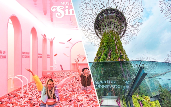Museum of Ice Cream Singapore sprinkle pool and Supertree Observatory at Gardens by the Bay.
