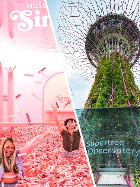 Museum of Ice Cream Singapore sprinkle pool and Supertree Observatory at Gardens by the Bay.