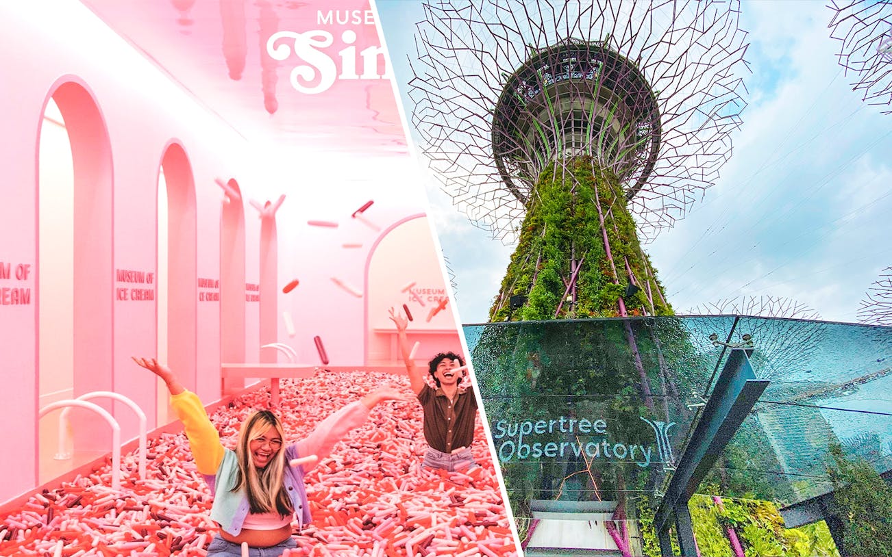 Museum of Ice Cream Singapore sprinkle pool and Supertree Observatory at Gardens by the Bay.