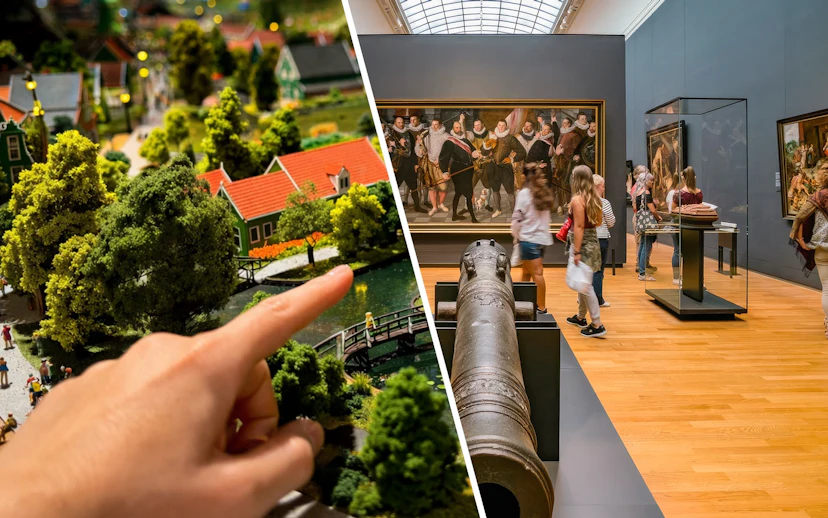 Miniature village display and visitors viewing art at Rijksmuseum Amsterdam.