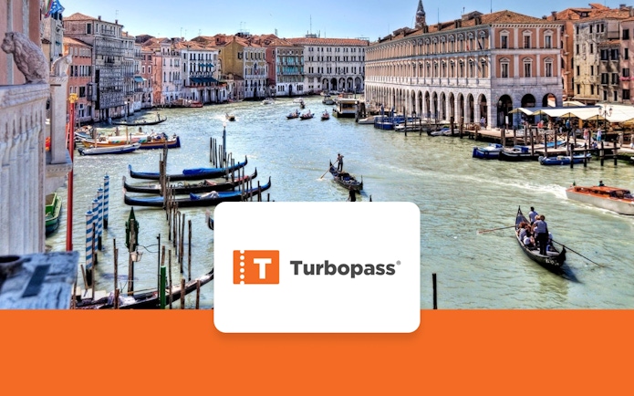 Gondolas on the Grand Canal in Venice with Turbopass logo.
