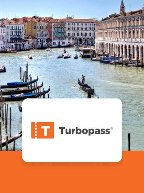 Gondolas on the Grand Canal in Venice with Turbopass logo.