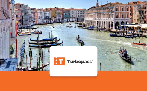 Gondolas on the Grand Canal in Venice with Turbopass logo.