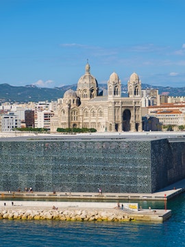 MUCEM in Marseille with cathedral in the background.