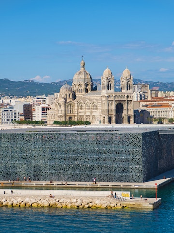 MUCEM in Marseille with cathedral in the background.