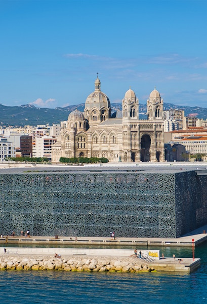 MUCEM in Marseille with cathedral in the background.
