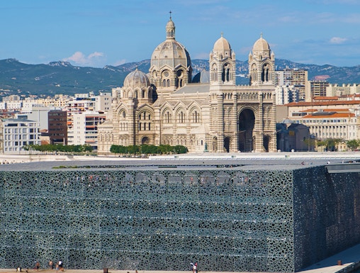 MUCEM in Marseille with cathedral in the background.
