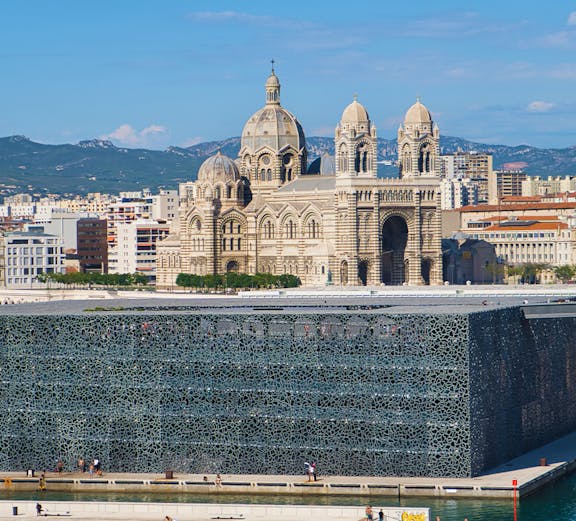 MUCEM in Marseille with cathedral in the background.