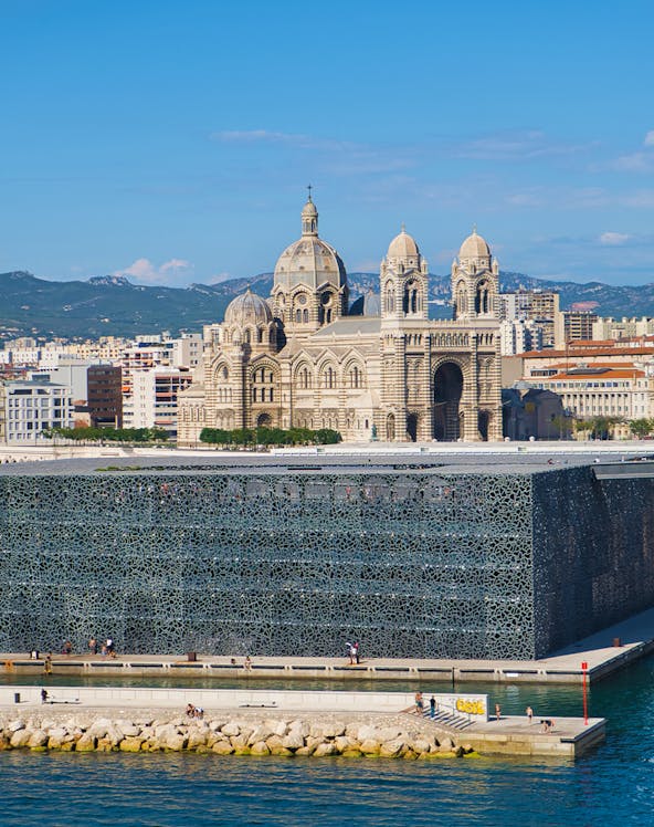 MUCEM in Marseille with cathedral in the background.