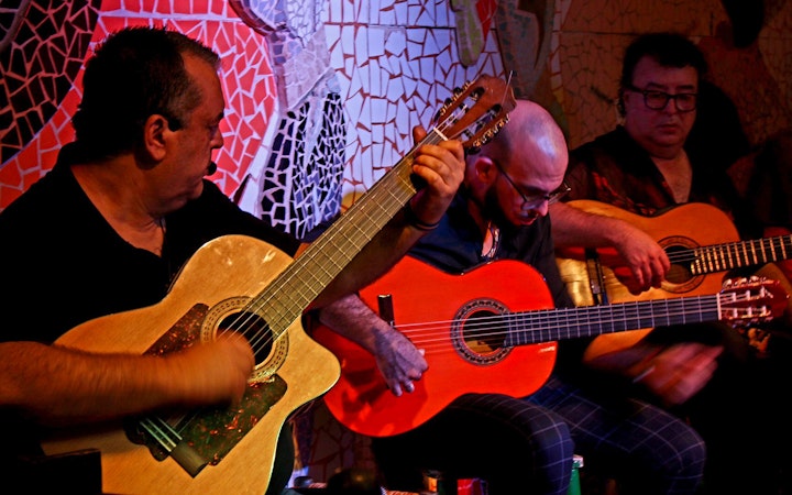 Musicians playing guitars at Flamenco Show, Tablao El Toro y la Luna.