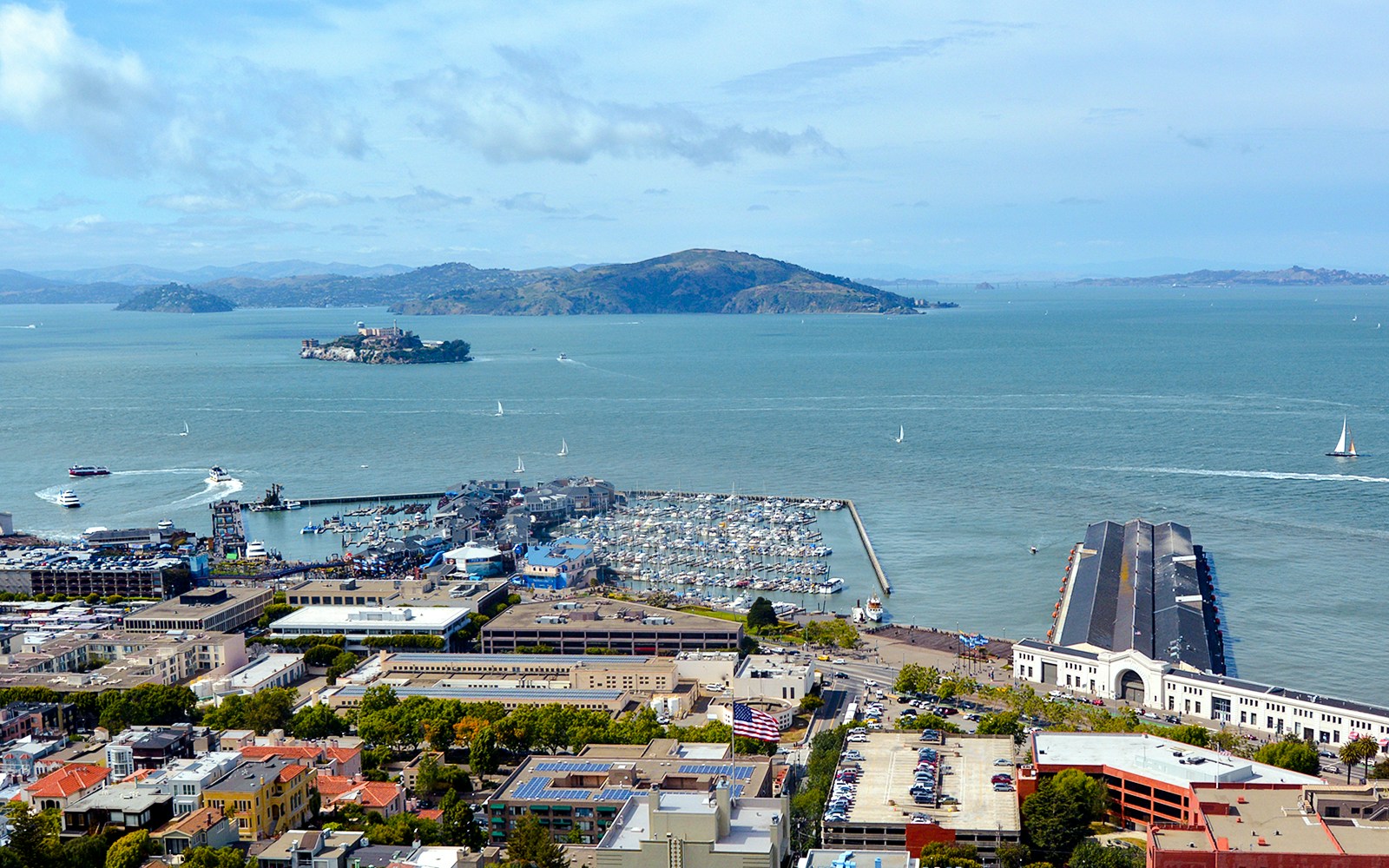 San Francisco Bay view with Alcatraz Island and marina.