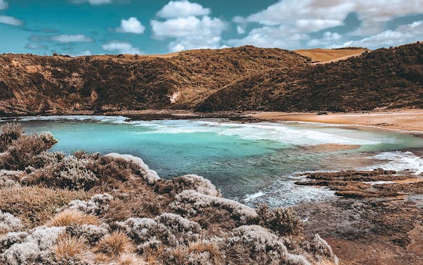 Coastal view of Mornington Peninsula with turquoise waters and rugged cliffs.