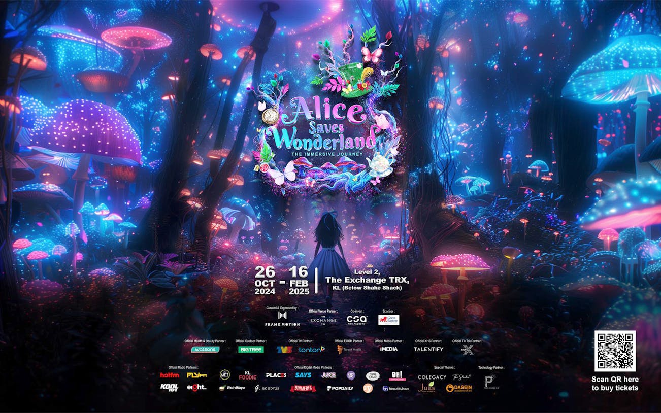 Alice Saves Wonderland event poster with glowing mushrooms and forest scene.