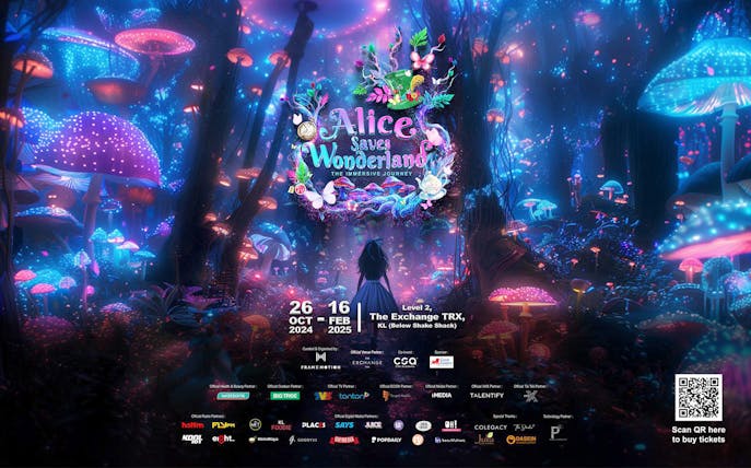 Alice Saves Wonderland event poster with glowing mushrooms and forest scene.