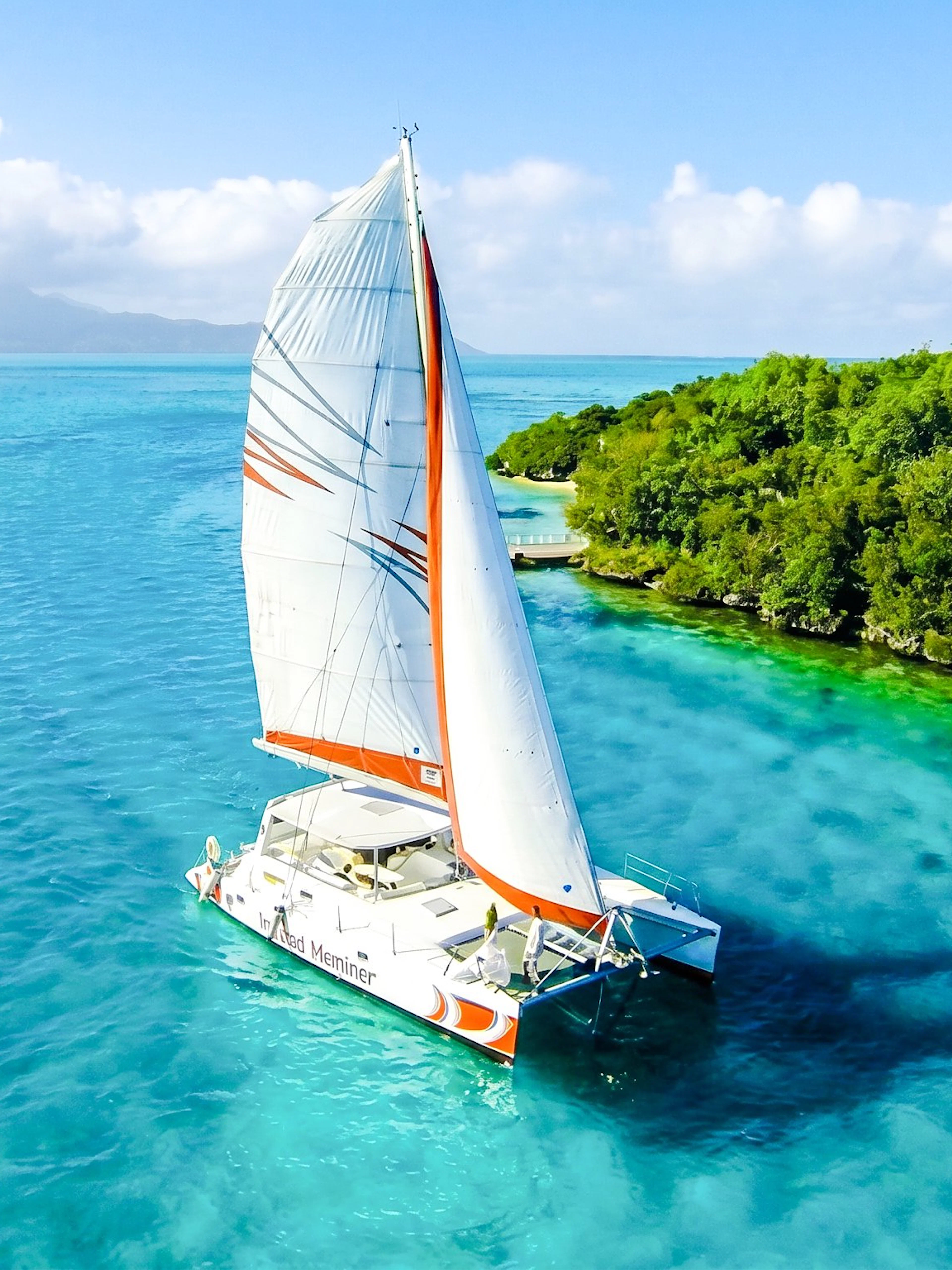 Catamaran sailing near Ile aux Cerf with lush greenery and clear blue waters.
