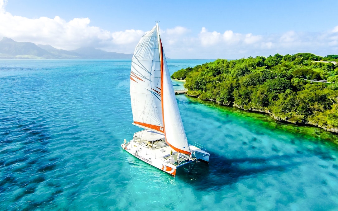Catamaran sailing near Ile aux Cerf with lush greenery and clear blue waters.