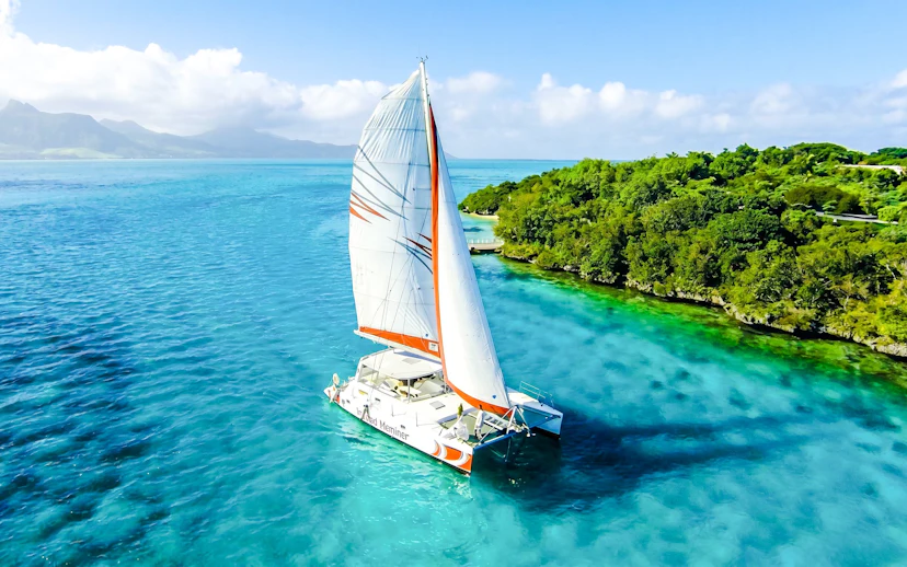 Catamaran sailing near Ile aux Cerf with lush greenery and clear blue waters.