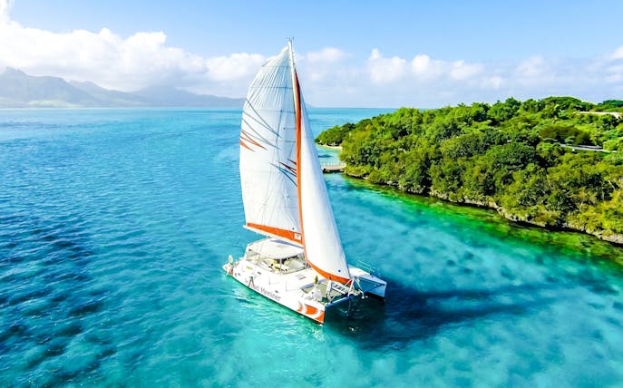 Catamaran sailing near Ile aux Cerf with lush greenery and clear blue waters.