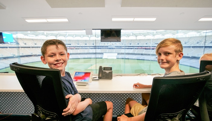 Children in media centre of the Optus Stadium