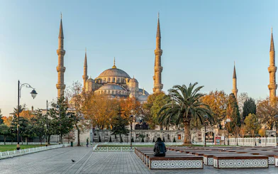 Blue Mosque in Istanbul with minarets and courtyard, part of Full-Day Istanbul Highlights Tour.