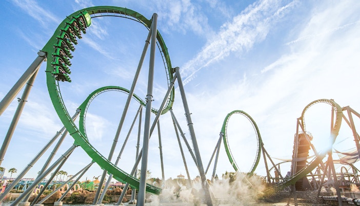 Rollercoaster with loops at Universal Studio Resort, Orlando, Florida.