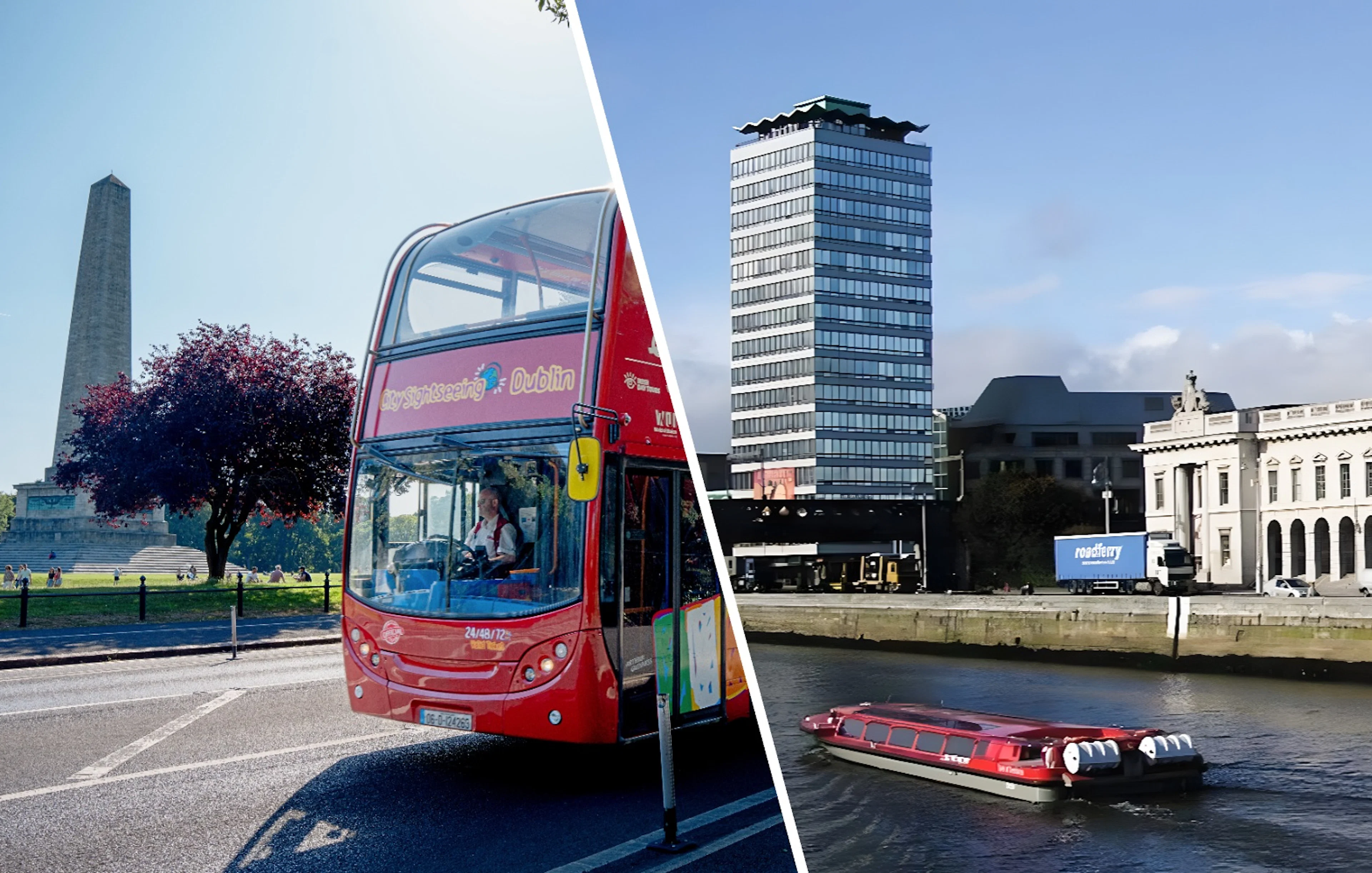 Open-top tour bus near Dublin's Wellington Monument and Liffey River cruise boat by city buildings.