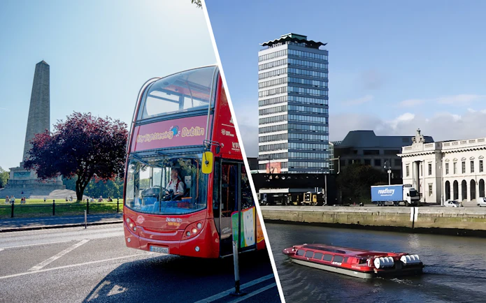 Open-top tour bus near Dublin's Wellington Monument and Liffey River cruise boat by city buildings.
