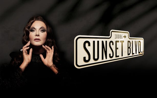 Person posing dramatically next to Sunset Boulevard sign