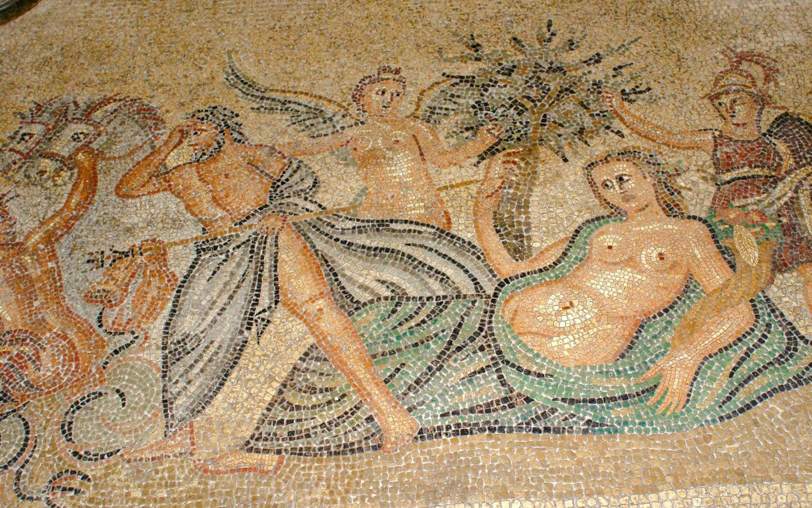 Mosaic depicting mythological scene on the floor of the Palace of the Grand Master, Rhodes, Greece.